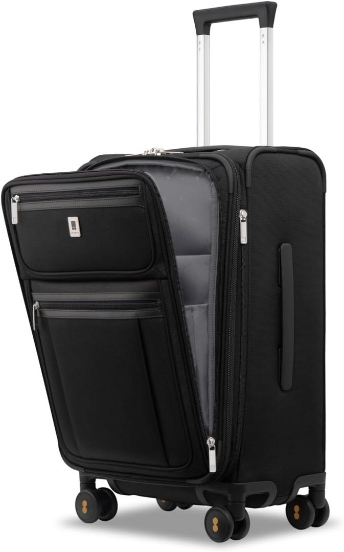 LEVEL8 Carry On Luggage Airline Approved with Compartment, Softside Expandable Rolling Suitcase with Spinner Wheels, Black, Carry-On 20-Inch