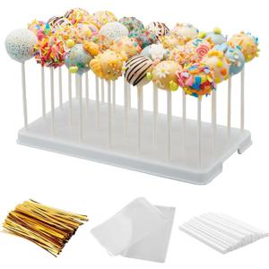28 Holes Cake Pop Stand for Cake Pops, Lollipop Hold Stand, Cake Pop Display Holder, Candy Pop Holder with 100 Pcs Cake Pop Sticks, 100 Pcs Cake Pop Bags, 100 Pcs Gold Twist Ties(White)