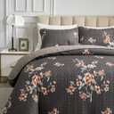 Flysheep 3 Pieces Quilt Set King Size, Dark Gray Floral Reversible Bedspread Coverlet Set, Soft Microfiber Lightweight Bed Cover for All Season (102" x 90", 1 Quilt+ 2 Pillow Shams)