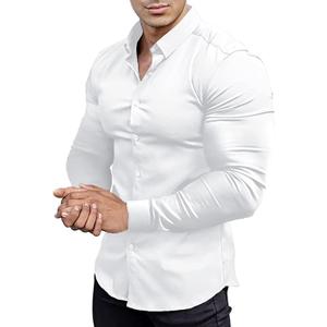 Men's Stretch Wrinkle-Resistant Solid Color Long Sleeve Dress Shirt  Slim Fit Casual Button Down Shirt (Large, White)