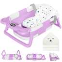 MoreFeel Collapsible Baby Bathtub for Newborn with Thermometer & 1 Hooded Towel & 1 Soft Floating Cushion,Portable Travel Bathtub with Drain Hole, Durable Foldable Baby Tubs for Infants to Toddler (Lavender)