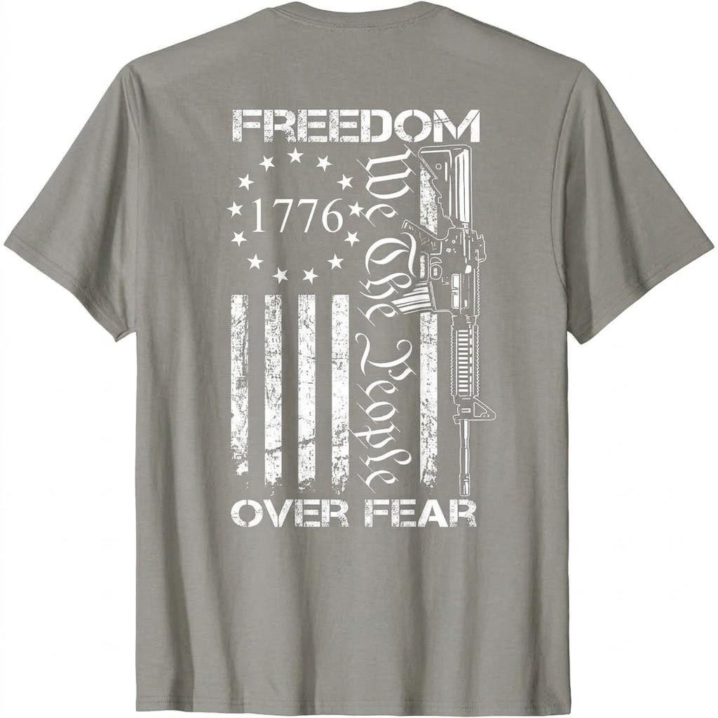 Freedom Over Fear Pro Gun USA Flag 2nd Amendment (ON Back) T-Shirt Small (Gray, XXL)