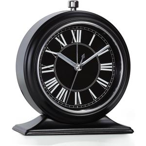 AYRELY 4-inch Battery Operated Alarm Clock Silent Analog Desk Clocks with Light Vintage Metal Table Clock for Living Room Shelf Bedside Home Decor (Black-Roman)