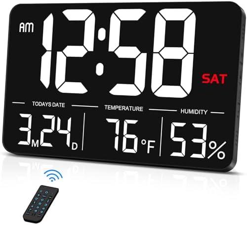 MASHI Digital Clock,13" Large Display Digital Wall Clock, Adjustable Brightness Calendar Clock with Day and Date,DST,Alarms,Humidity, Temperature for Desk, Wall Mounted, for Elderly (Black Case White Light)