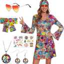 ATAMET 70's Women Costumes Hippie Dress, 1970s Outfits Accessories Set, 60s 70s Disco Prom Dress, Carnival Halloween Costumes (3X-Large, Bright Colors Peace Love)