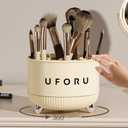 360 Degree Rotating Desktop Organizer, 21 Compartments, Plastic Storage Rack for Cosmetics, Office Supplies, 11W x 11D x 3.9H inches, Cream White