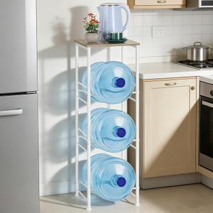 OYEAL Water Bottle Storage Holder 5 Gallon Drink Dispenser Stand with Table 3-Tier Heavy Duty Water Cooler Jug Rack Water Bottle Organizer for Kitchen, Office, Living Room, Rustic Grey