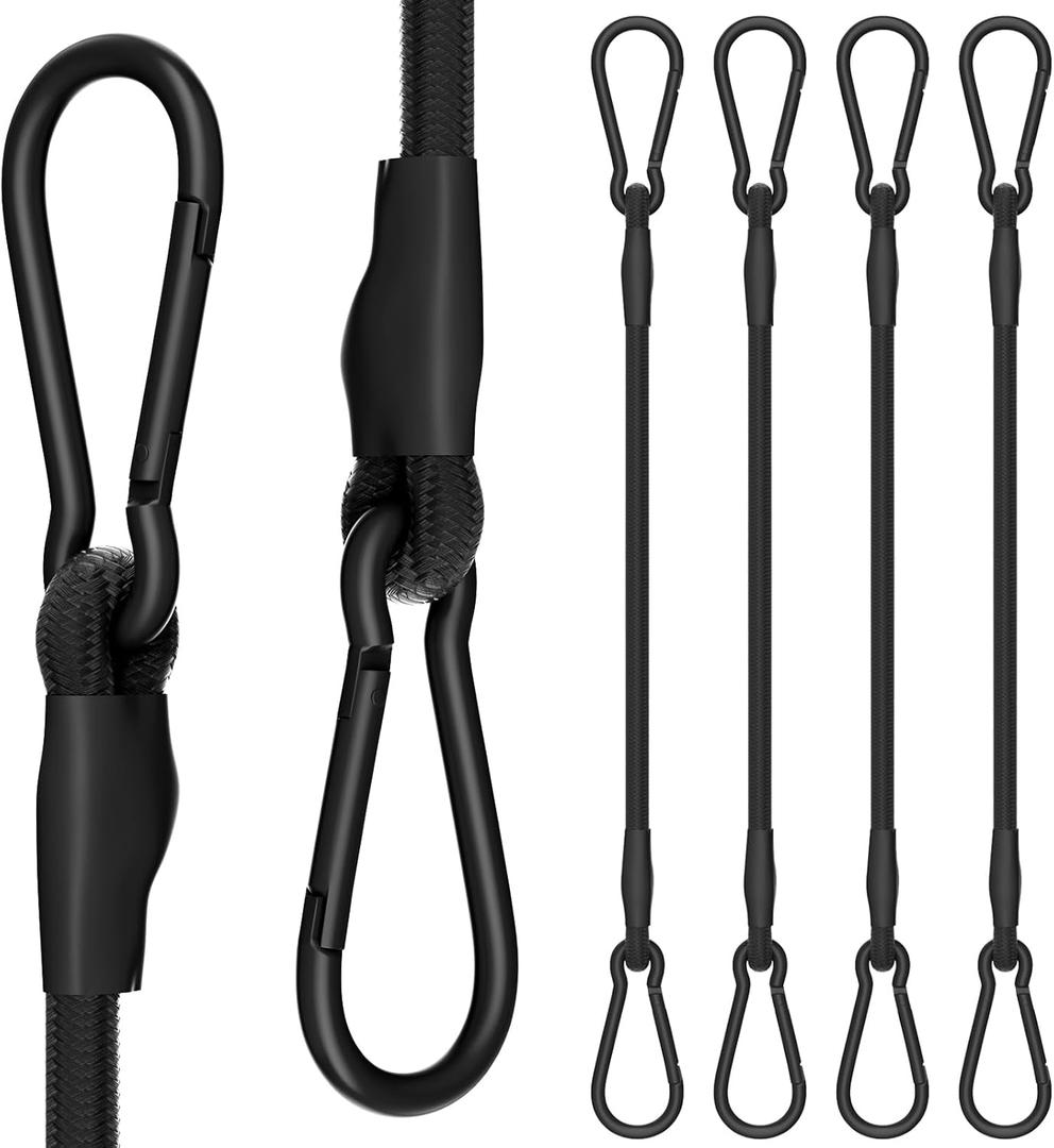4 Pack 60 Inch Bungee Cords with Premium Zinc Carabiner Hooks  3/8 Inch Black Elastic Tie Downs for Large Cargo, Camping, and Outdoor Equipment
