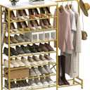 Shoe Rack with Coat Rack, 8 Tier Tall Shoe Storage Organizer with Hooks, 3-in-1, Wooden Top Shelf, Sturdy Frame, Metal Clothes Hanger Stand for Entryway, Closet, Gold