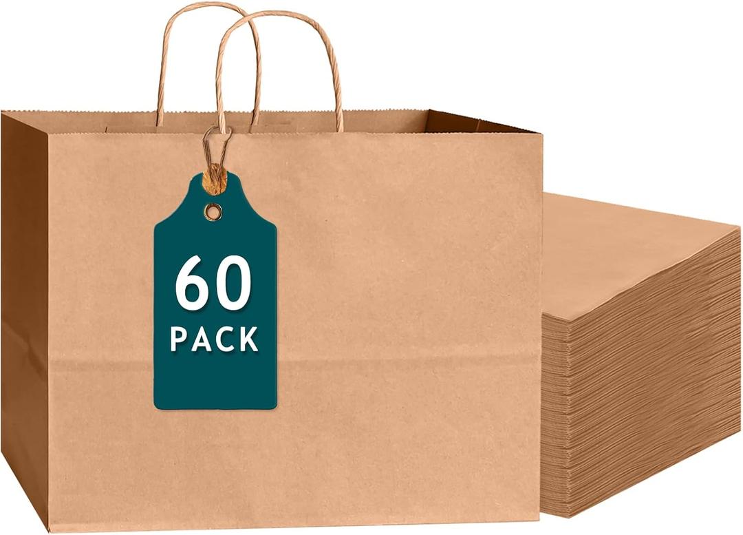 Bakepacker 60-Pack Wide Large Size Paper Bags With Handles Bulk 12.6"x4.3"x10" Brown Party Kraft Shopping Bags