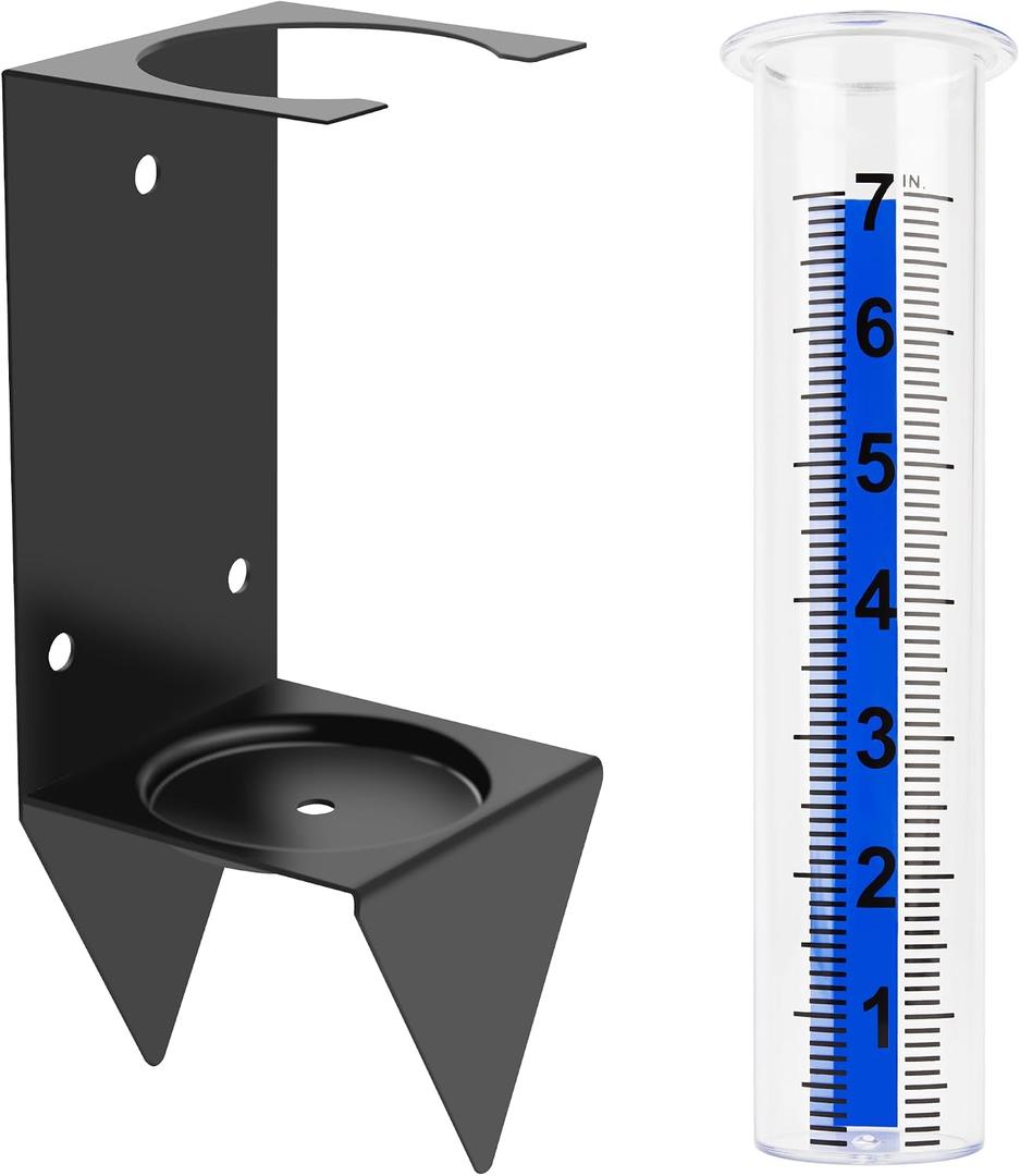 7 in Outdoor Rain Gauge, Removable Inch-Scale Tube, Black Iron 4-Way Mount Bracket, 3 Screws Included, for Fence, Rail, Post, Planter or Ground
