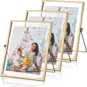 Amyhill 3 Set Gold Floating Picture Frame 6x8 Inch for Picture Sizes 2x3, 3.5x5, 4x6, 5x7, Vertical Tabletop Display Metal Floating Frame Classy Gift for Wedding Birthday Christmas Home Office Decor