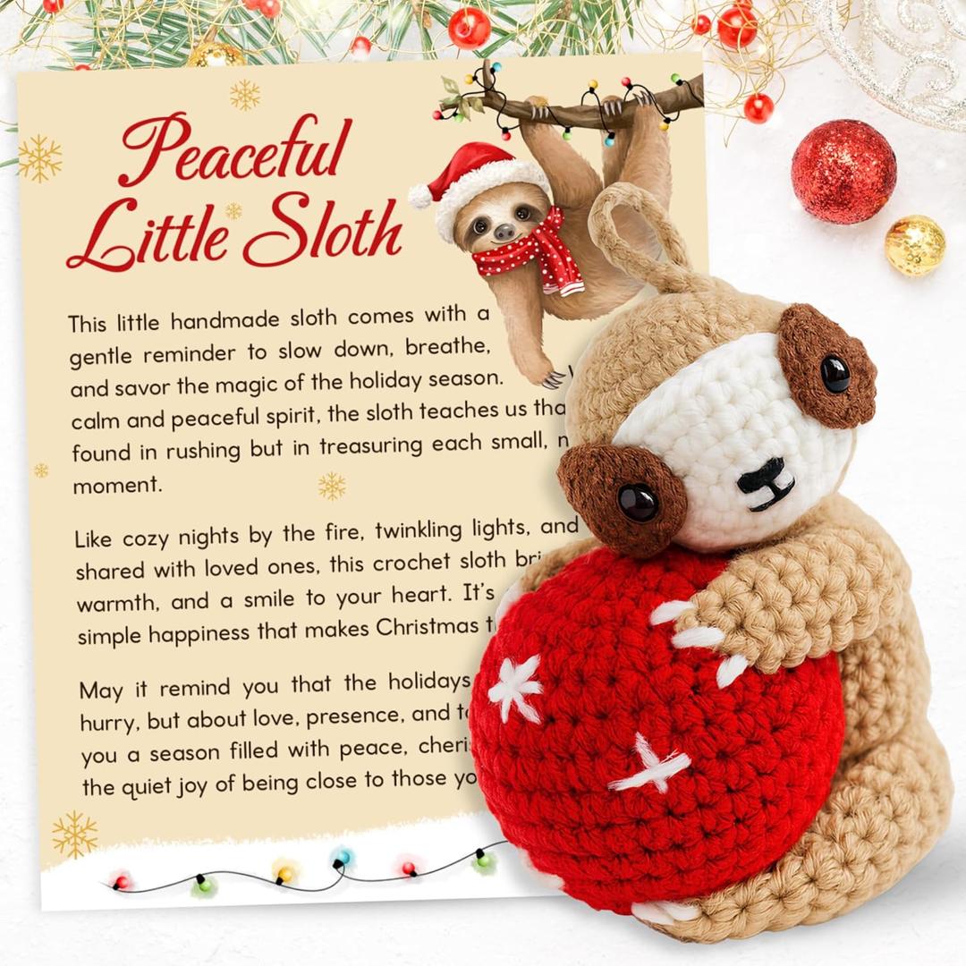 Sloth Ornament - Sloth Ornaments for Christmas Tree, Animal Ornaments - Animal Lovers Gifts for Women - Christmas Crochet Ornament & Card