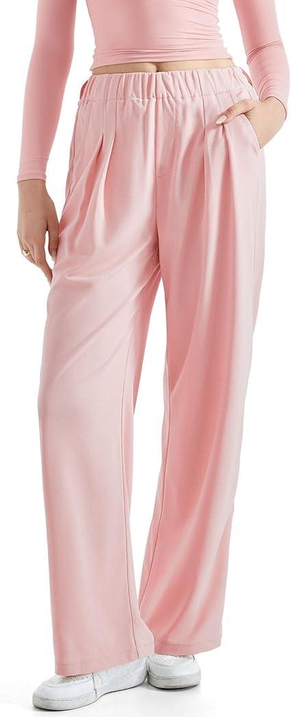 SUUKSESS Women Wide Leg Pants Elastic High Waisted Work Pants Flowy Palazzo Pants (X-Small, Pink)