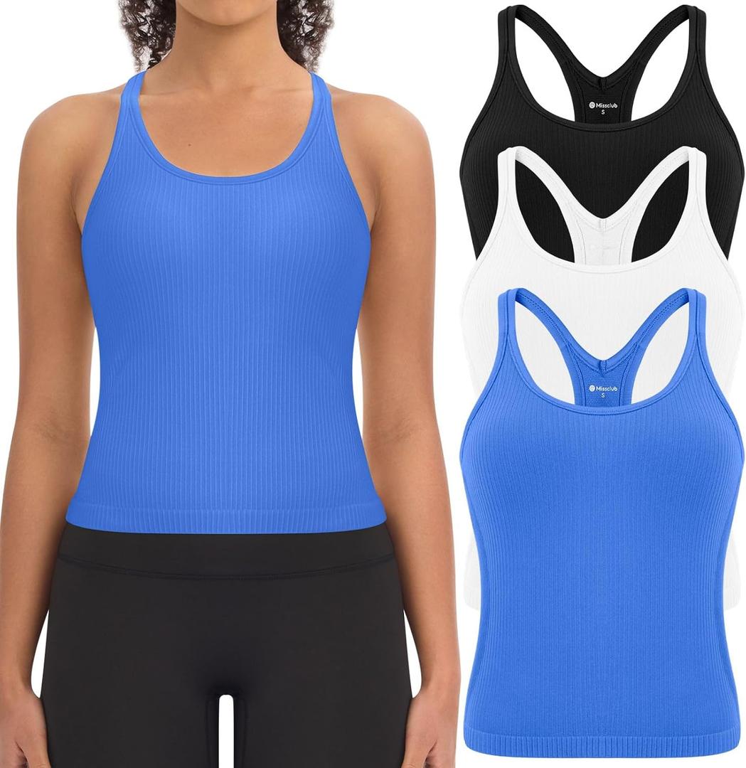 3 Pack Ribbed Workout Crop Tank Tops with Built in Bra for Women Seamless Racerback Cropped Athletic Gym Yoga Tops (L)