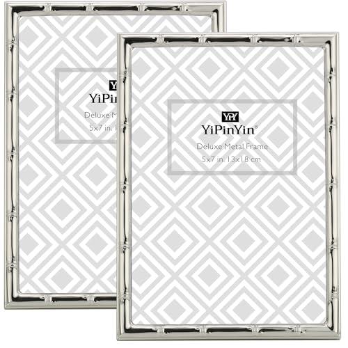 YiPinYin 5x7'' Bamboo Detail Designs Silver Metal Picture Frame 2pack,Elegant Silver Plated Baby Nurse Photo Frames 5x7'' With Soft Touch Velvet Backing for Desktop and Wall Décor