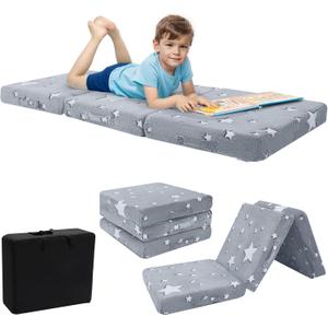 MeMoreCool Foldable Floor Mattress for Kids, Glow Star Trifold Mat, Kids Folding Mattress Portable Futon, 57x22 Inch Grey