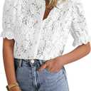 PRETTYGARDEN Womens 2025 Spring Lace Tops Short Puff Sleeve Casual Dressy Blouses Eyelet Crew Neck Button Down Shirts (Small, White)