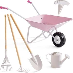 ROBUD Kids Wheelbarrow with Gardening Tools Set-9pcs Metal Toddler Wheelbarrow, Garden Tools, Watering Can, Plant Labels– Child Outdoor Toy for Ages 3+, Christmas Birthday Gifts for Boys Girls(Pink)