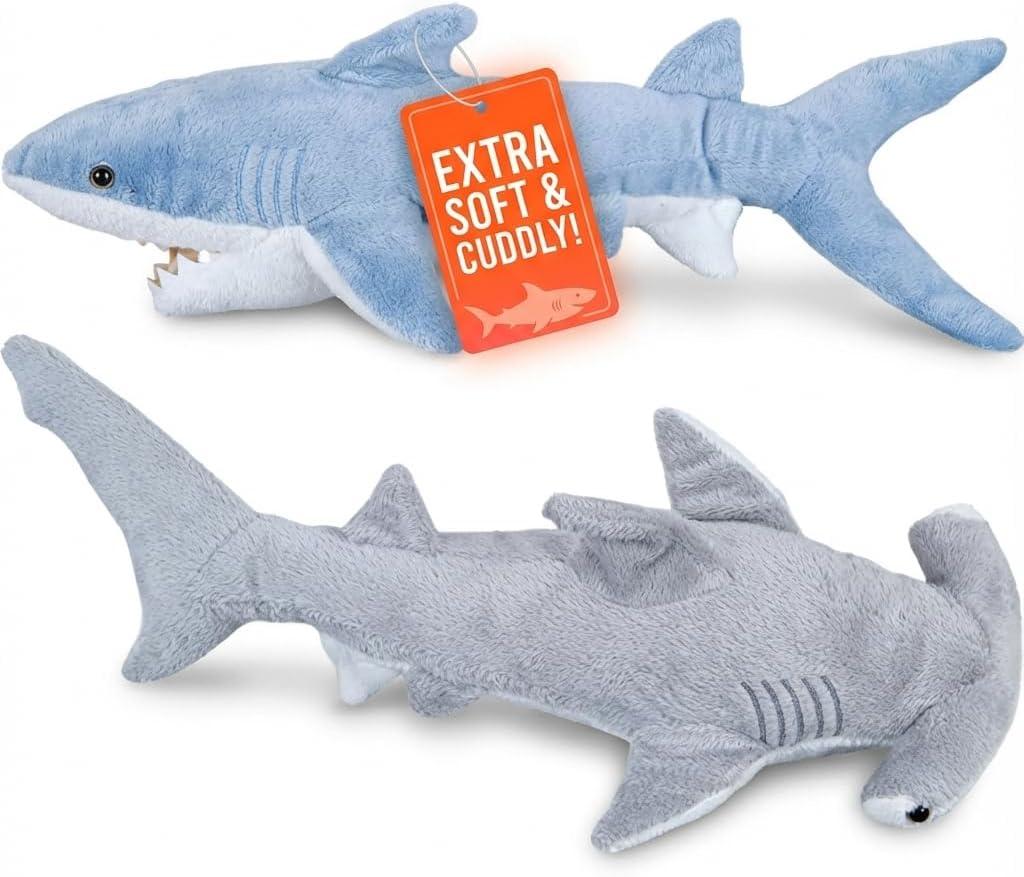 Bedwina Stuffed Animal Sharks - Pack of 2 Large, 14 inch Mako & 13 inch Hammerhead Plush Shark Toys, Stuff Animals Toy, for Baby Toddlers & Kids