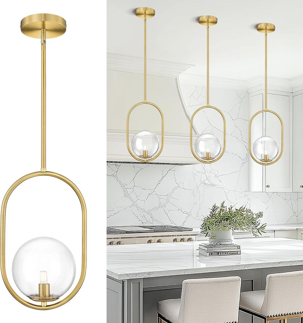 AUTELO Gold Pendant Lights, 1-Light Pendant Lights Kitchen Island in Brushed Gold Finish with Clear Globe Glass, Mid Century Pendant Light Fixtures, Gold Hanging Lights for Kitchen Island H9376 CLBG