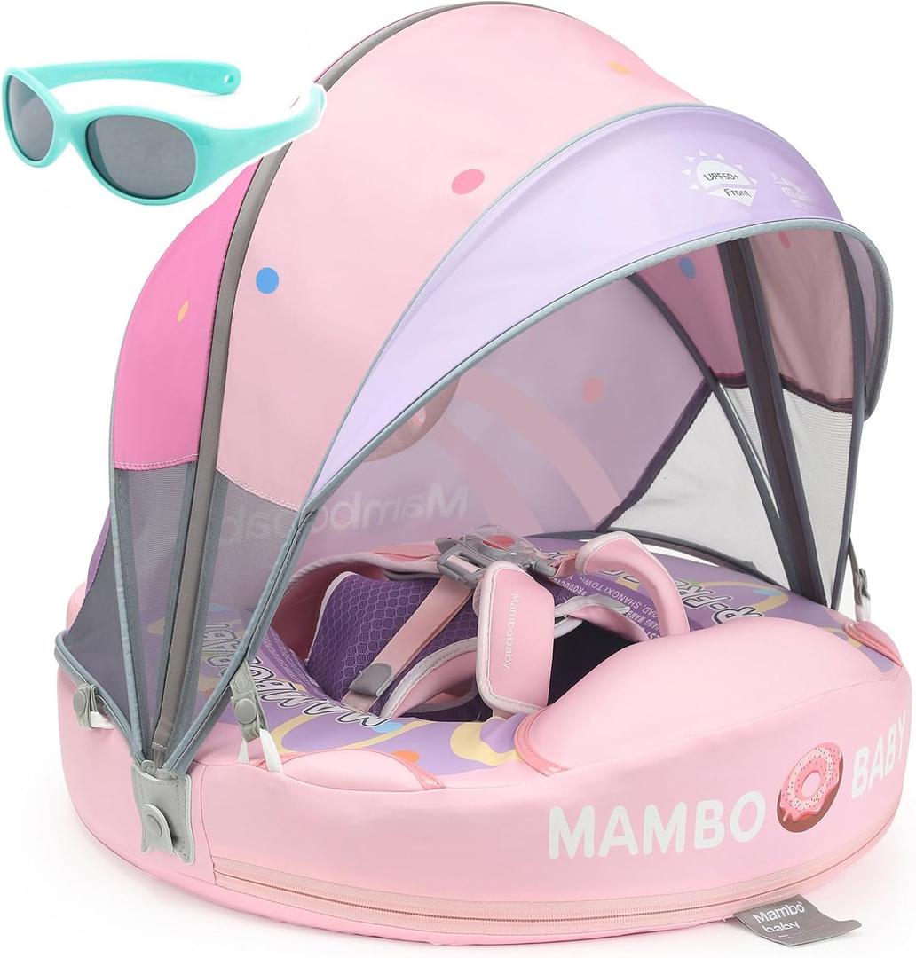 Mambobaby Float with Canopy and Tail New Upgraded Non-Inflatable Baby Pool Float Mambo Float Swim Trainer Solid Infant Swim Float Adjustable Pearl Foam Baby Swim Ring (Doughnut Pink)