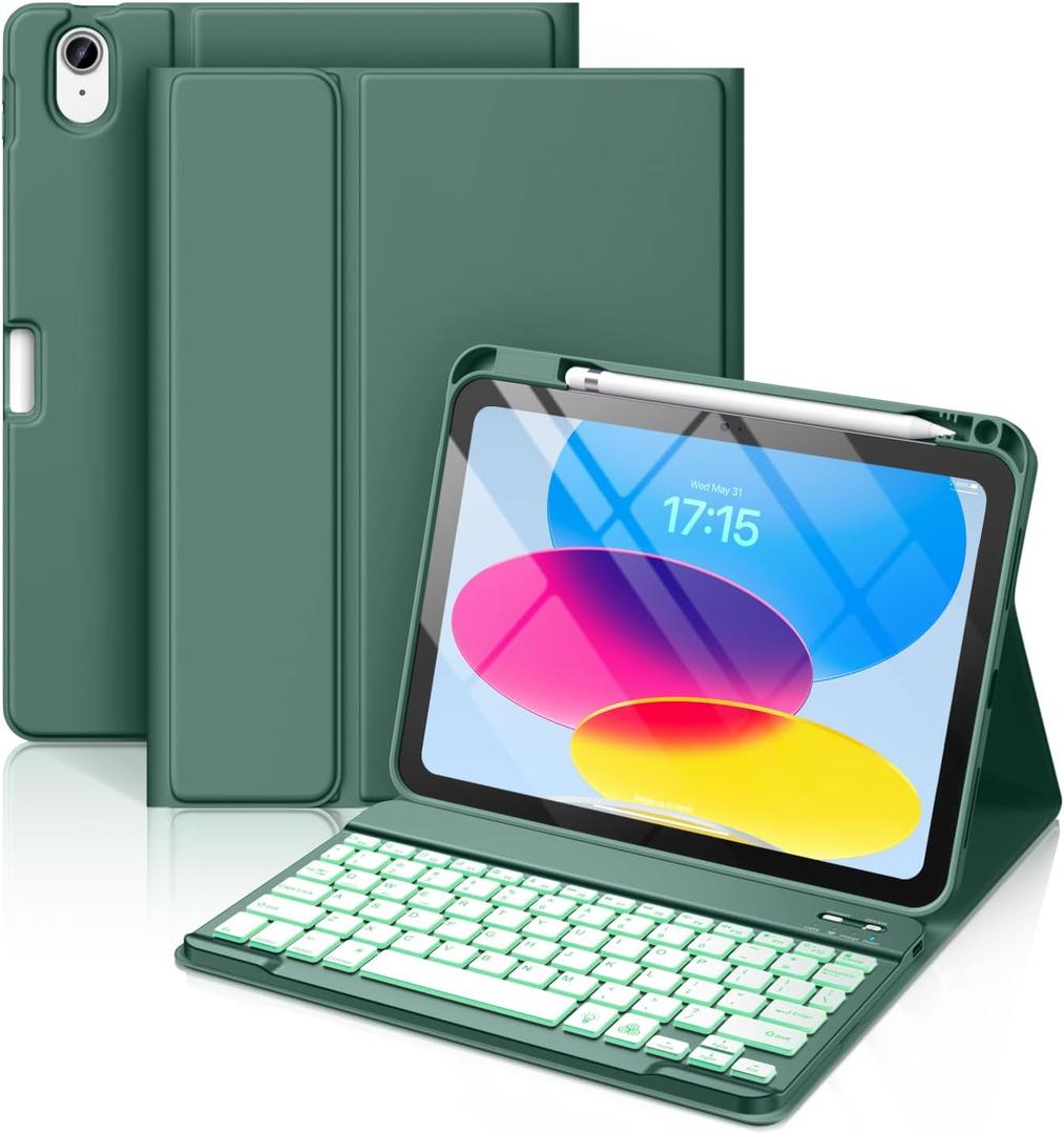 Hamile Keyboard Case for iPad 11th 10th Generation - 7 Colors Backlit Wireless Detachable Folio Keyboard Cover with Pencil Holder for iPad 11-inch A16 2025 10th Gen 10.9 Inch 2022 (Midnight Green)