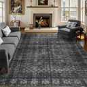 6x9 Vintage Washable Area Rug for Living Room,Low Pile Non Slip Carpet Non-Shedding Area Rug Soft Indoor Stain Resistant Rug Floral Print Mat for Bedroom Dining Room Dark Black