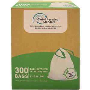 TYPLASTICS 300 Count 13 Gallon Tall Kitchen Drawstring Trash Bags, GRS Compliant, Eco-Friendly Recycled Material
