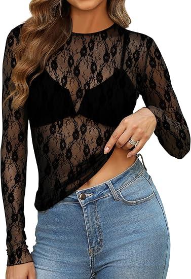 OFEEFAN Womens Mesh Tops Lace Long Sleeve Shirts Crewneck Slim Fitted Outfits See Through Blouses (Black Lace, XL)