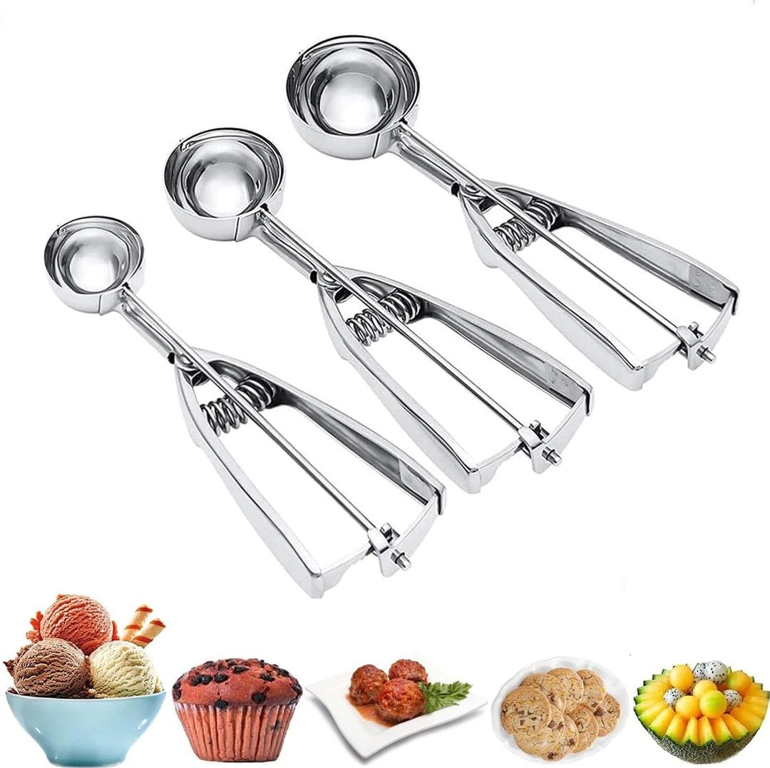 Ice Cream Scoop, 3Pcs Cookie Scoop Set, Stainless Steel Ice Cream Scooper with Trigger Release, Large/Medium/Small Cookie Scooper for Baking, Cookie Scoops for Baking Set of 3 with Cookie Dough Scoop
