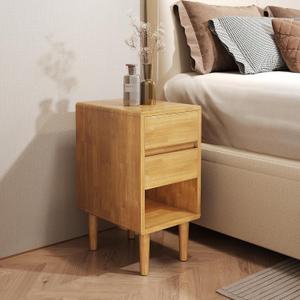 Nightstand 2 Drawers with Open Shelf Narrow Night Stand Solid Wood Bedside Table Mid Century Modern Nightstand Wooden End Table for Bedroom, Living Room, Study, Office (15.75''11.81''23.62'')