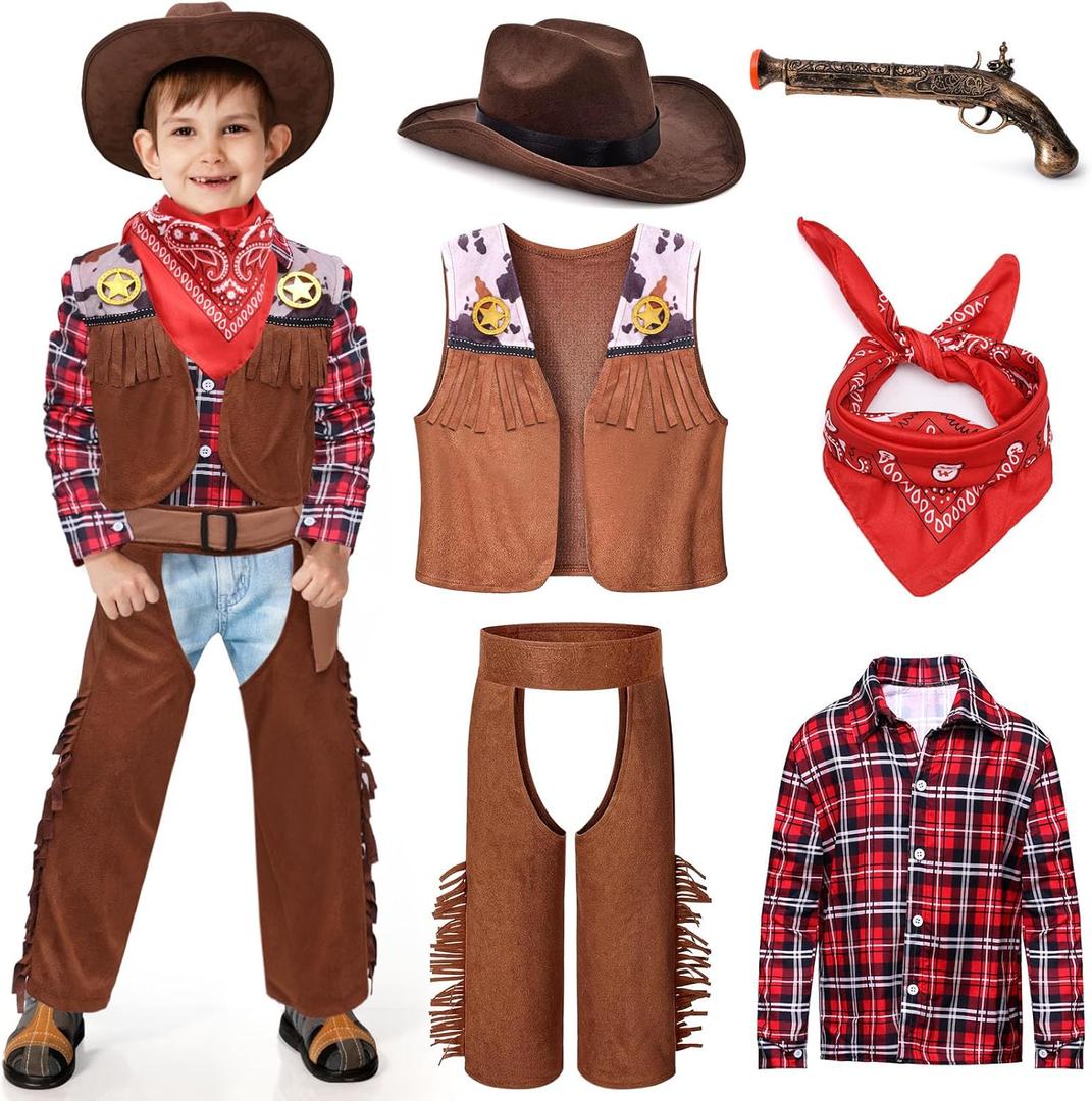 Latocos 7 PCS Kids Cowboy Costume for Boys Ages 3-10 Years Halloween Party Dress Up Role Play and Cosplay, S