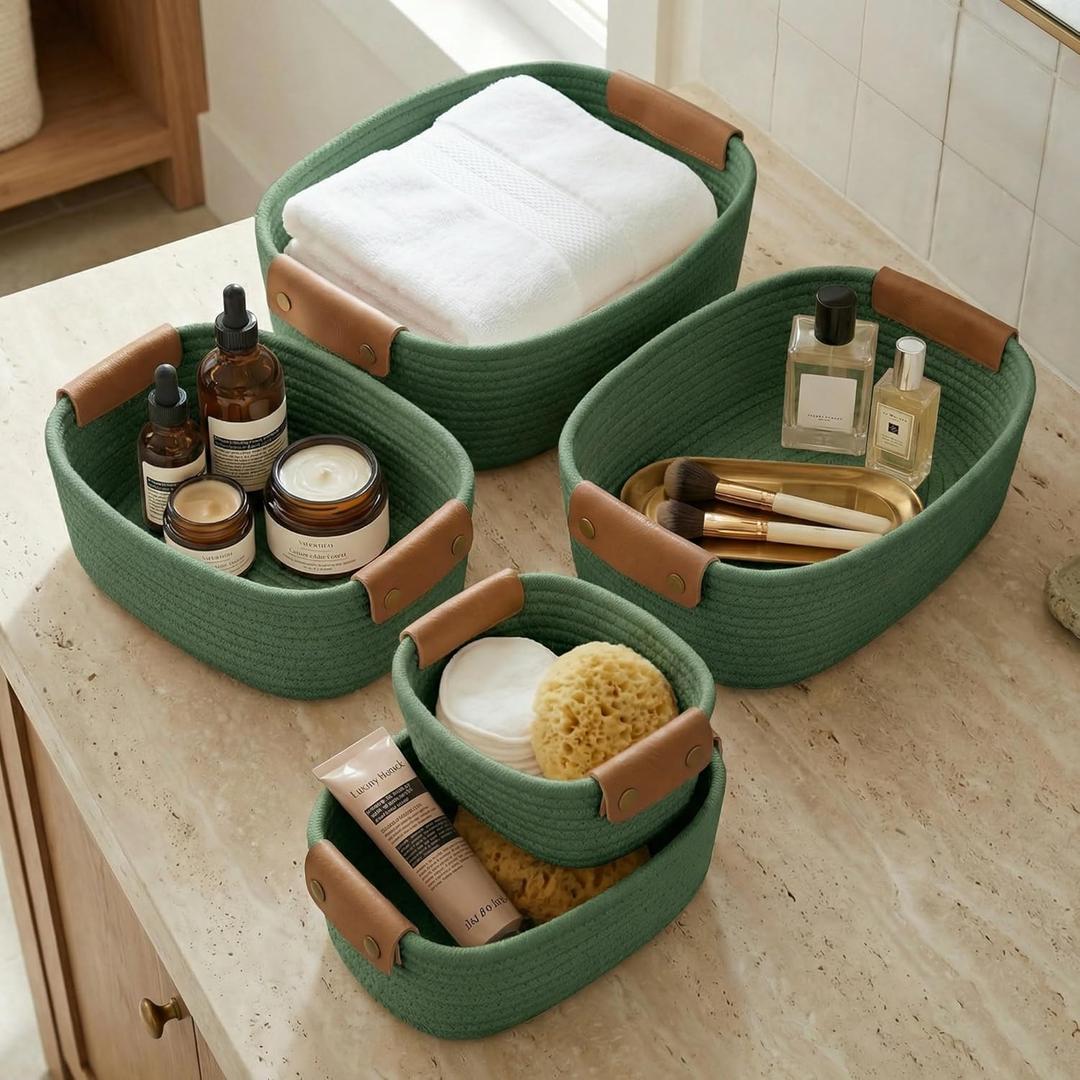 Beautiful Storage Basket Set of 5 - Sturdy Cotton Rope Baskets for Shelves Are Perfect for Organizing Your Home - Quality Storage Bins Easily Fit With Any Nursery or Bedroom Decor (Sage)
