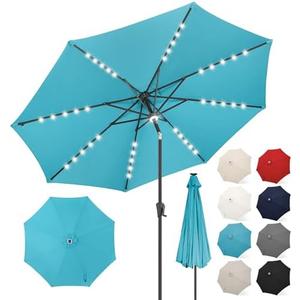 FLAME&SHADE 11 ft Solar Powered Outdoor Market Patio Table Umbrella with LED Lights and Tilt, Aqua Blue