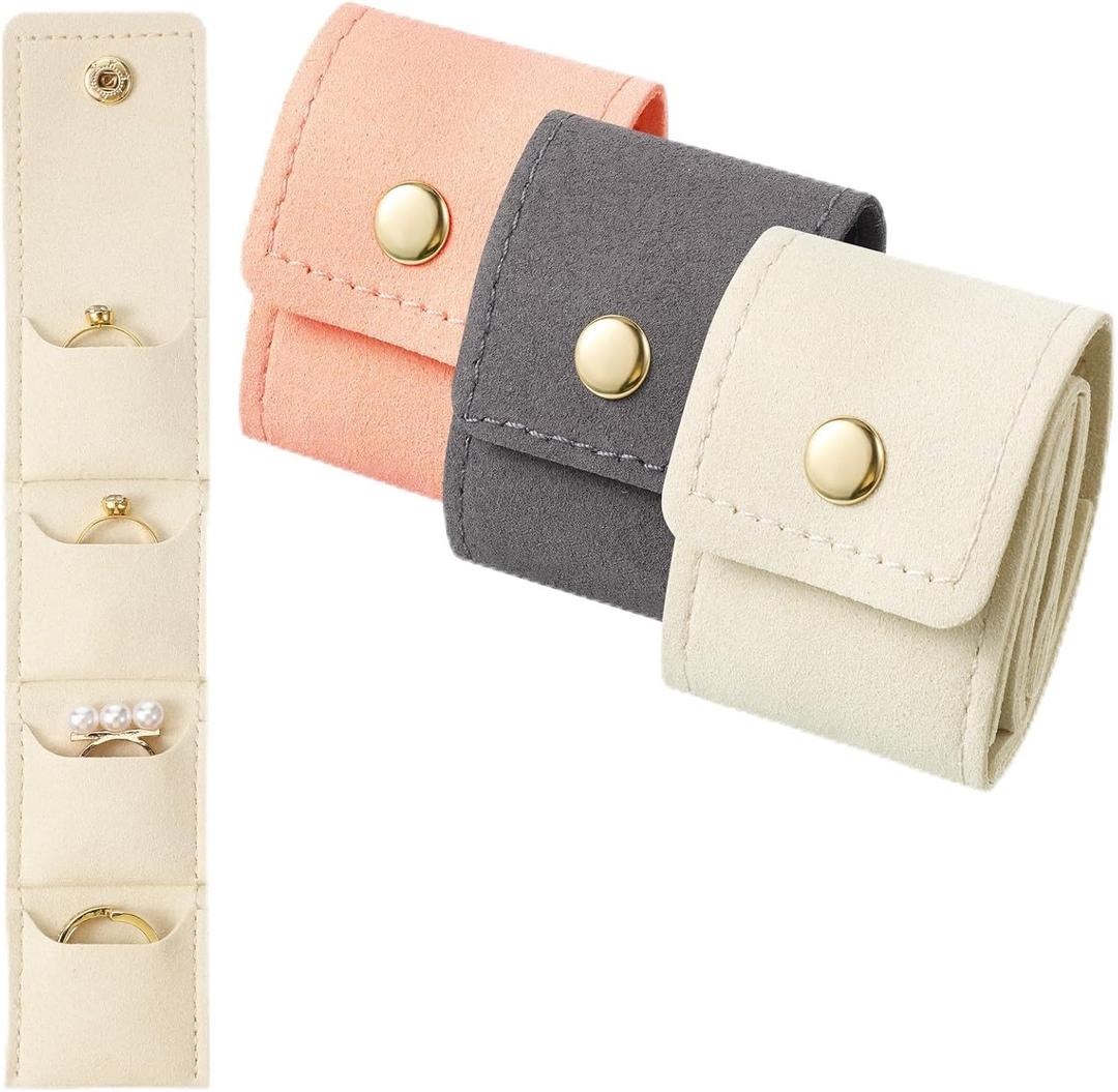 3 PCS Mini Travel Jewelry Bag, 4 Grids Jewelry Pouch for Traveling Foldable PU with Metal Buckle Portable Jewelrys Roll for Storing Rings, Earrings, Brooches -Beige, Pink, Gray