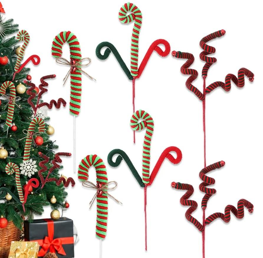 Chiisong 6 Pcs Christmas Tree Decorations Picks 12 Inch Christmas Woolen Bells Candy Curly Pick Xmas Tree Topper Ornaments for Home Office Party Supplies(Red Green)