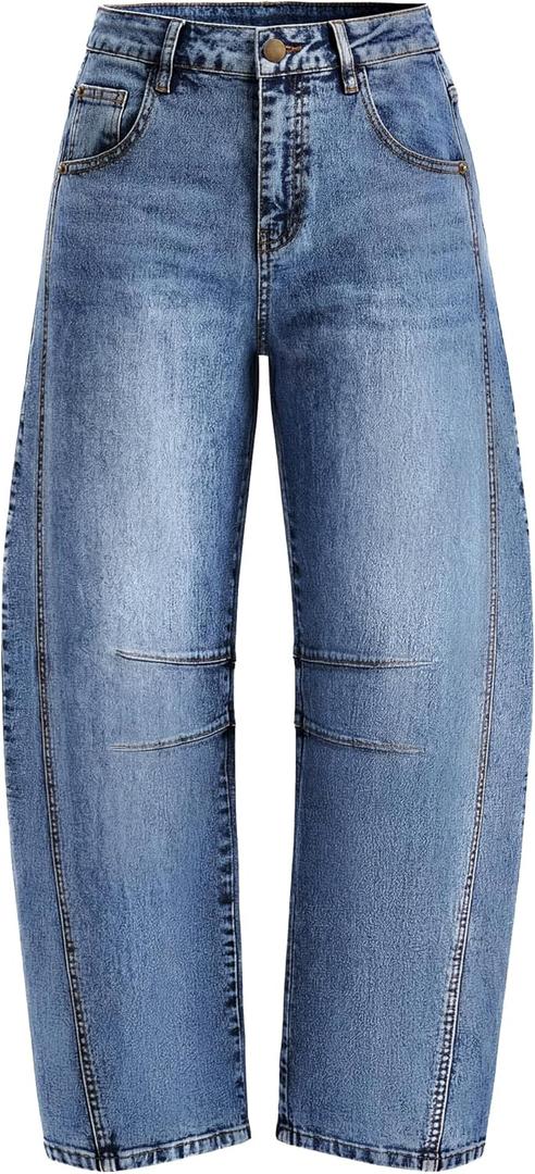 ZESICA Womens Barrel Jeans for Women Trendy 2026 High Waisted Wide Leg Stretchy Baggy Ankle Denim Pants with Pockets, Mid Blue, Small