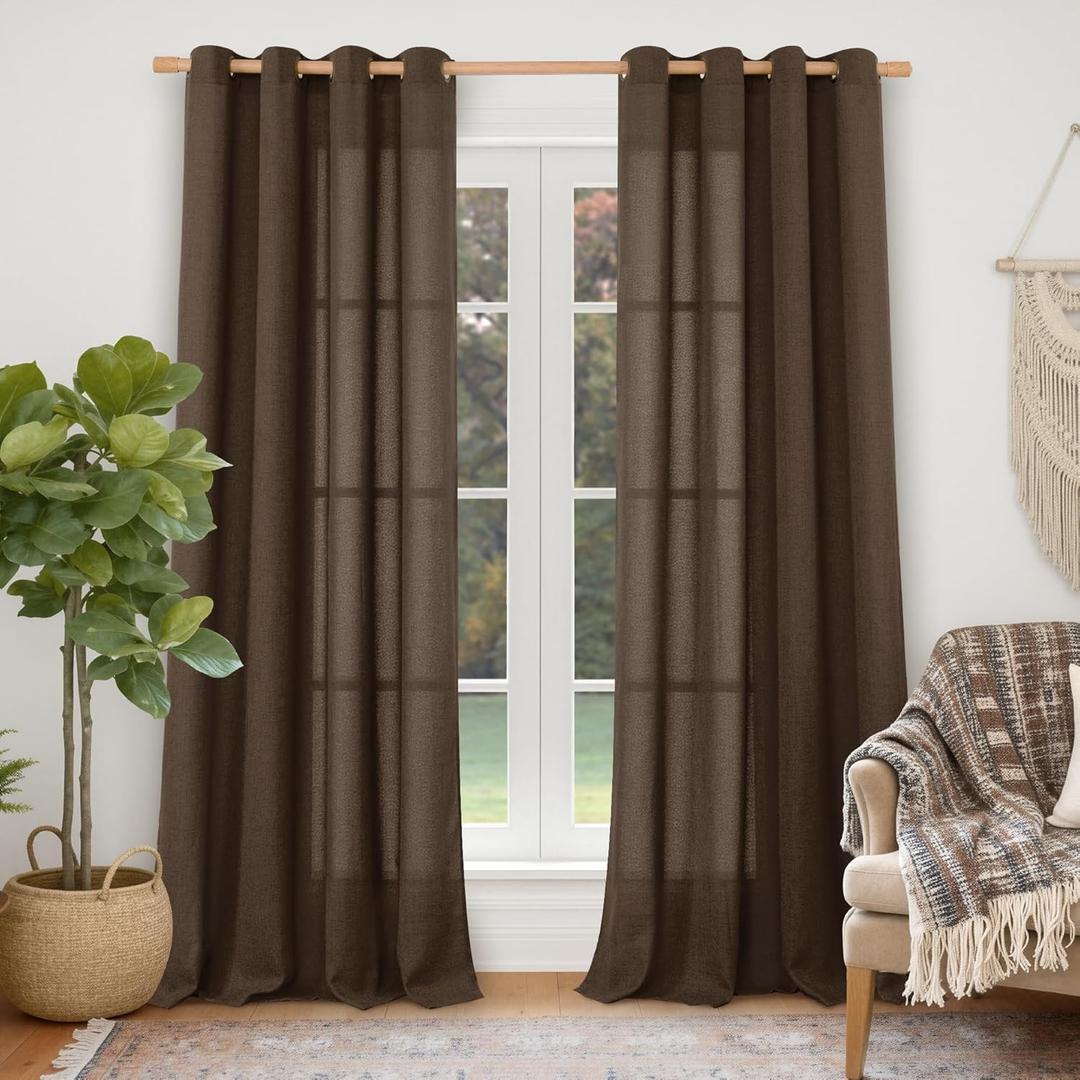 YoungsTex Brown Curtains 84 Inch Length for Living Room, Dark Chocolate Linen Semi Sheer Drapes with Bronze Grommet Light Filtering for Bedroom Window, 2 Panels 52 x 84 Inch