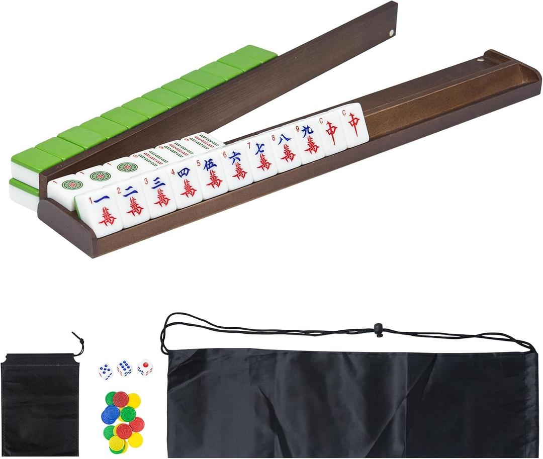 DigNew Wooden Mahjong Rack with Pusher,4-Set Tile Holders with Magnetically Attached Pushers,Durable Wooden Mahjong Racks for Mahjong Playerswith Dice, Chips, Carry Bag,Gift for Family Game Night
