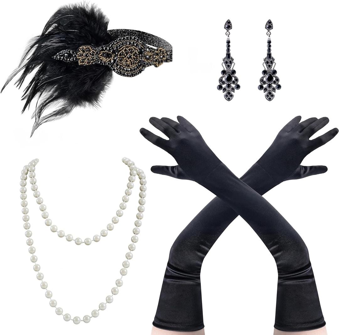 2 x Spooktacular Creations 1920s Women Accessories Set, Flapper Costumes with Vintage Earrings 1920s Headband Faux Pearl Necklace Flapper Gloves for Halloween Costume Dress up Party