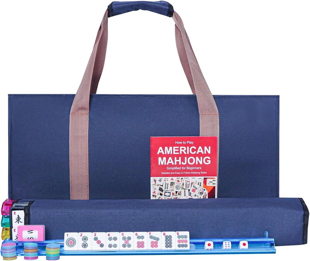 American Mahjong Game Set, 166 Premium White Tiles, 4 All-in-One Color Rack/Pushers, Complete Mahjong Set Blue Carrying Bag