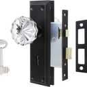 Mortise Lock Set Interior Door, Crystal Glass Door Knobs with Lock and Skeleton Key, Old Door Knob Replacement, Vintage Antique Door Handle, Matte Black Finish (Mortise(1 Pack))