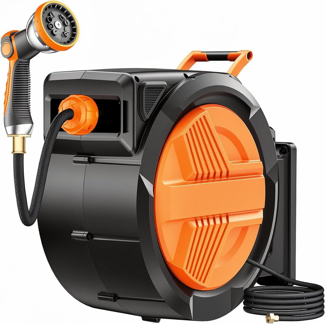 Retractable Garden Hose Reel 5/8 x 100ft, Auto Rewind Hose Reels for Outside, Heavy-Duty Wall-Mounted Outdoor Hose, 10-Mode Nozzle, Adjustable Length, 180 Rotation for Watering, Car Washing