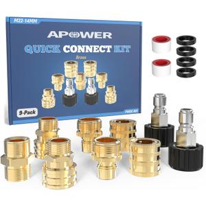Pressure Washer Quick Connect Kit, M22-14mm to 3/8" Male Female Quick Disconnect Kit for Power Washer, 3/4 Inch Hose Fittings Adapter Set, Brass, 9 Set