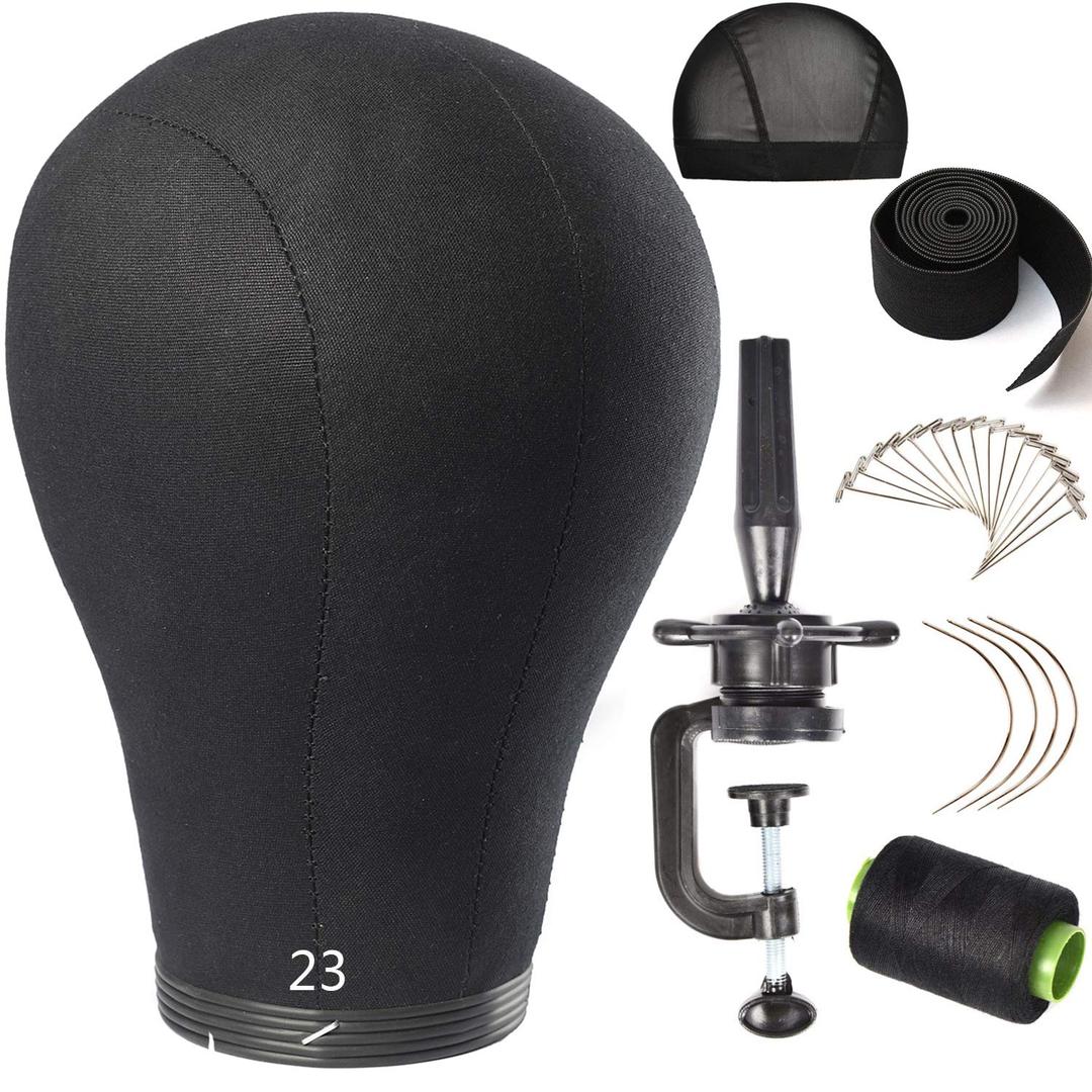 Wig Head Stand Mannequin Head 20"-24" Dome Cork Canvas Manican Block Head for Making Drying Styling Display Wigs with Stand (23 Inch, Black)