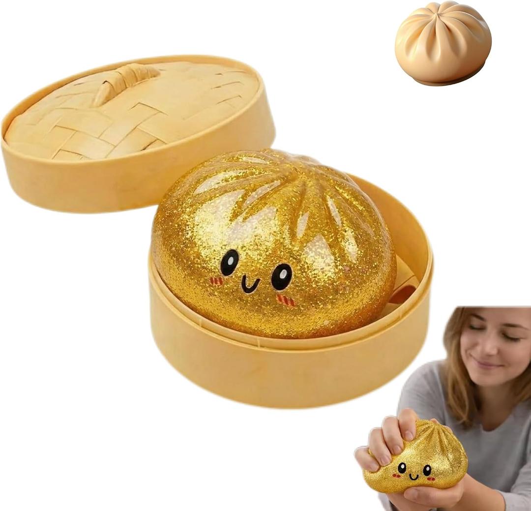 Glitter Dumpling, Glitter Dumpling Squishy with Box, Dumplings Sensory Squeeze Toy for Stress Relief (Golden)