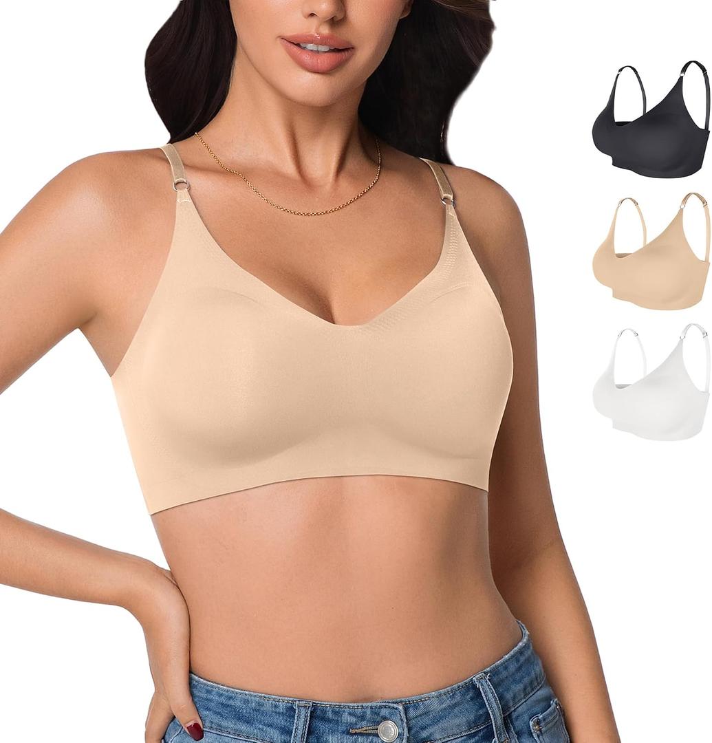 3 Pieces Wireless Seamless Bras for Women - Padded Sport Bras Comfortable Bralettes Soft Sleep Adjustable (XXXL)