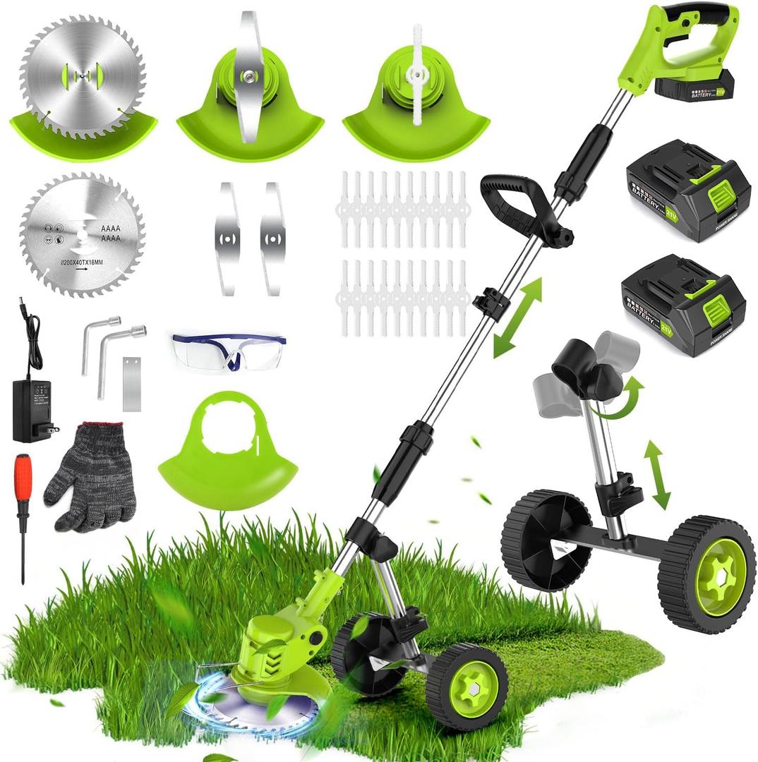 20000 RPM Electric Weed Wacker Cordless, 4-in-1 Weed Eater Cordless with Battery Powered, Lawn Mower/Grass Trimmer/Lawn Edger with 3 Types Blades, Battery Weed Wacker with Wheels (2 Battery, Green) (Yellow)