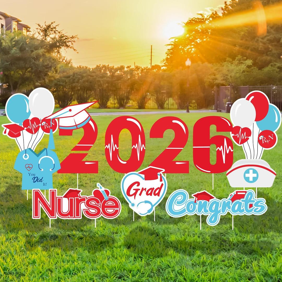 Quera 14 Pcs Nurse Graduation Yard Signs with 28Pcs Stakes Grad Cap Lawn Sign Waterproof Congrats Grad Lawn Decorations Medical Nursing Graduation Party Lawn Decor supplies